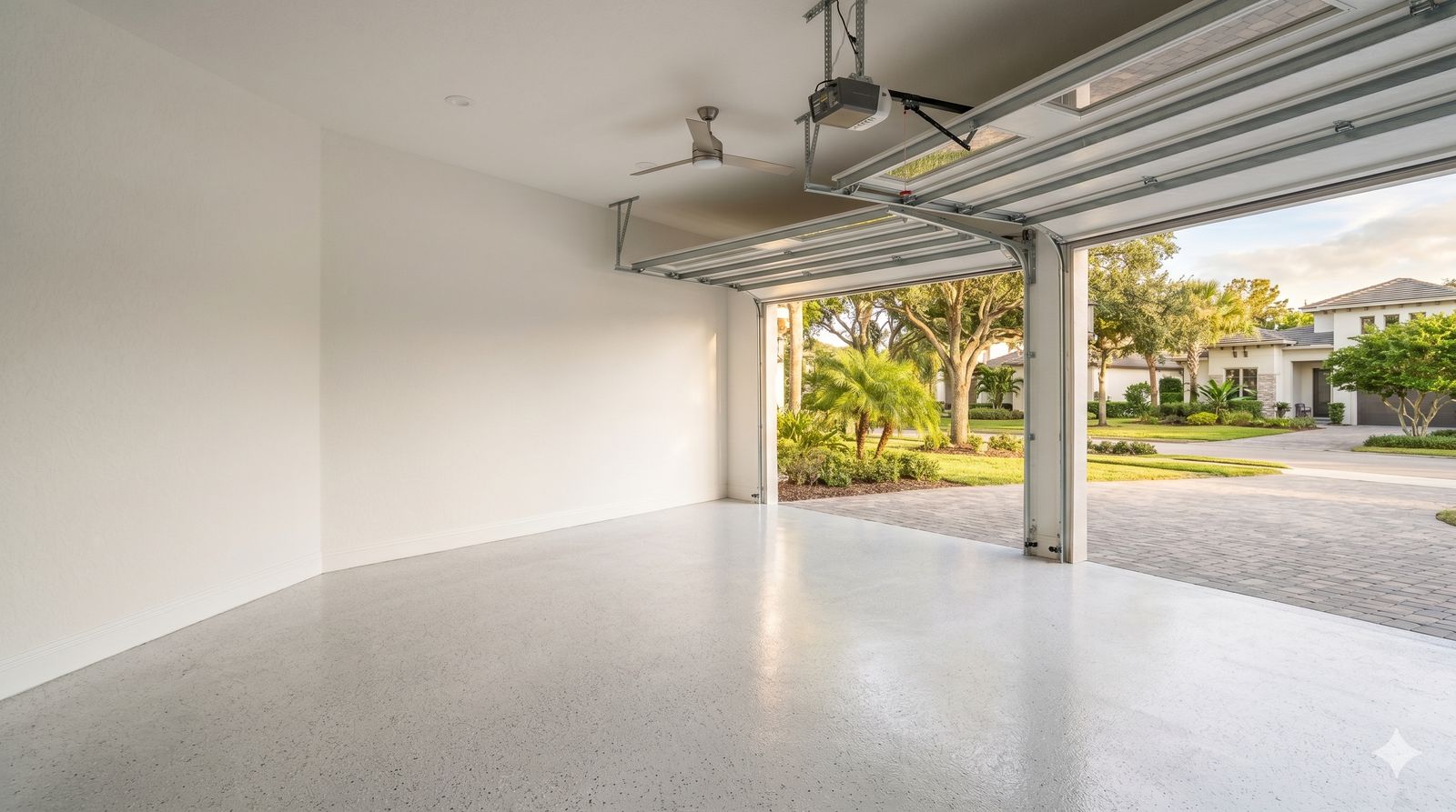 Cleared, empty two-car garage with the door open