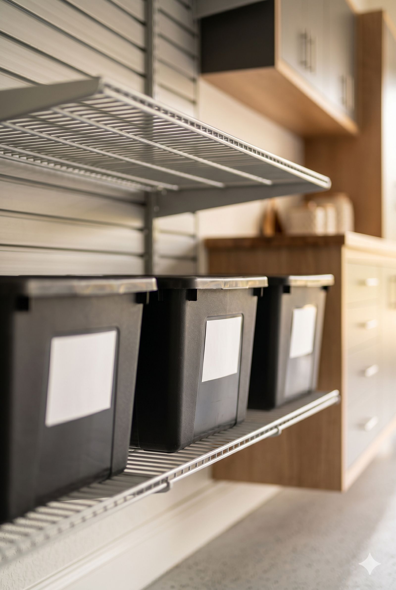 Labeled storage bins on shelving