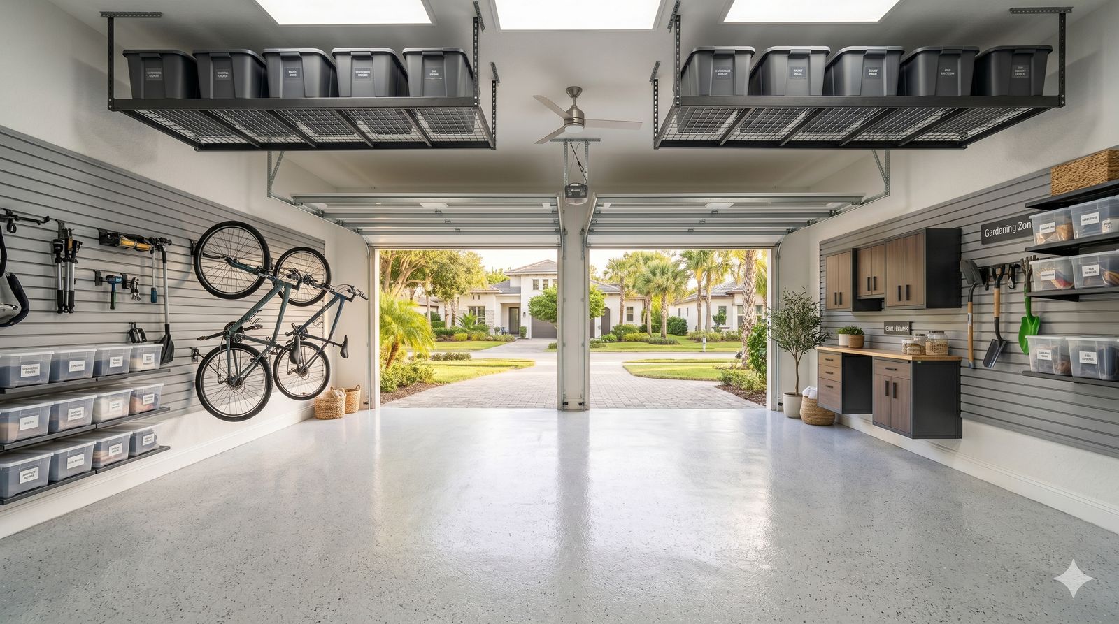 Organized garage with overhead racks, wall systems and mounted bikes